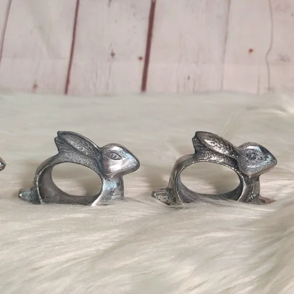 Vintage Pewter Silver Tone Rabbit Bunny Napkin Ring Set of Four Witchy Easter - Picture 14 of 17